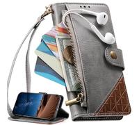 Funda para OPPO A6 Pro 5G/F31 Pro, Case con Correa de Mano, Ranuras para Tarjetas, Bolsillo con Cremallera, Soporte para Bolso, Cierre magnético-Gris