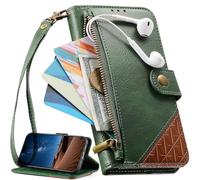 Funda para OPPO A9 2020, Case con Correa de Mano, Ranuras para Tarjetas, Bolsillo con Cremallera, Soporte para Bolso, Cierre magnético-Verde