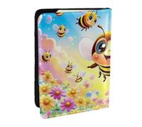 Funda para pasaporte con estampado de abejas de dibujos animados en campos de flores coloridas, funda organizadora de viaje para pasaporte para hombres y mujeres, 6.5 pulgadas, Black, Talla única