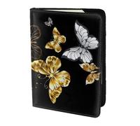 Funda para pasaporte con estampado de mariposas blancas y doradas para viajes, funda tipo cartera de piel con bloqueo RFID, protector de ranura para tarjetas