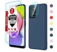 Funda para Samsung A03s, A03s con [2 unidades] Protector de pantalla de vidrio templado y protector de lente de cámara, LeYi Liquid Silicone Slim Silky-Soft Funda protectora para teléfono celular Galaxy A03s, azul