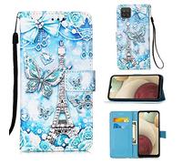 Funda para Samsung Galaxy A12, Color PU Cuero Case Flip Protectora Cover con Soporte, Ranuras para Tarjetas Cierre Magnético Billetera Tapa Carcasa para Samsung Galaxy A12, Torre de Mariposas