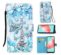 Funda para Samsung Galaxy A32 5G, Color PU Cuero Case Flip Protectora Cover con Soporte, Ranuras para Tarjetas Cierre Magnético Billetera Tapa Carcasa para Samsung Galaxy A32 5G, Torre de Mariposas