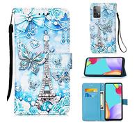 Funda para Samsung Galaxy A52, Color PU Cuero Case Flip Protectora Cover con Soporte, Ranuras para Tarjetas Cierre Magnético Billetera Tapa Carcasa para Samsung Galaxy A52, Torre de Mariposas