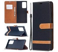 Funda para Samsung Galaxy Note 20 Ultra, SATURCASE Premium Jeans de cuero PU Flip Magnet Wallet Stand ranuras para tarjetas Funda protectora con correa de mano para Samsung Galaxy Note 20 Ultra (negro)