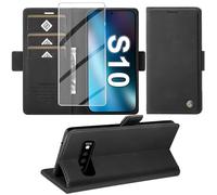 Funda para Samsung Galaxy S10 con lámina protectora de pantalla, funda para Galaxy S10, función atril, tarjetero, funda de piel prémium S10, funda con tapa antigolpes, color negro