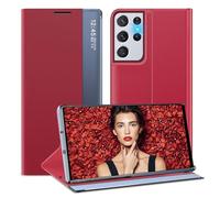 Funda para Samsung Galaxy S21 Ultra Funda Plegable Fino Espejo Flip Cuero Duro PC Resistente a Golpes Case Cover Galaxy S21 Ultra Funda con Soporte Clear View para Samsung S21 Ultra 5G (Rojo)