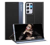 Funda para Samsung Galaxy S21 Ultra Funda Plegable Fino Espejo Flip Cuero Duro PC Resistente a Golpes Case Cover Galaxy S21 Ultra Funda con soporte Clear View para Samsung S21 Ultra 5G (Azul profundo)