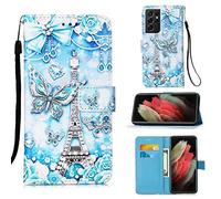 Funda para Samsung Galaxy S21 Ultra / S30 Ultra, Color PU Cuero Case Flip Protectora Cover con Soporte, Ranuras para Tarjetas Cierre Magnético Billetera Tapa Carcasa, Torre de Mariposas