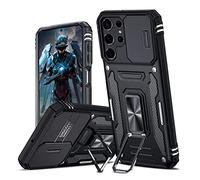 Funda para Samsung Galaxy S22 Ultra 5G, Cubierta de cámara Deslizante Proteger Militar Antigolpes Protectora Carcasa con 360° Magnético Anillo Soporte Silicona TPU + PC Rugged Case Cover, Negro