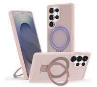 Funda para Samsung Galaxy S24 Ultra, [Compatible con MagSafe] Carcasa con Invisible Soporte de Anillo Giratorio, Case Borde de TPU Silicona + Respaldo Translúcido Mate PC Rigida,Rosa