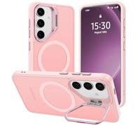 Funda para Samsung Galaxy S25 con Soporte, Compatible MagSafe, Carcasa con Soporte Soporte de Cámara Ajustable Incorporado, Magnética Grado Militar Antigolpes Case, Translúcida Mate Rosa