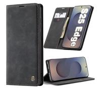 Funda para Samsung Galaxy S25 Edge, Funda Flip Folio, Funda de Piel con Tapa, Flip Wallet Case, Protección Integral de 360° con Ranuras para Tarjetas, Cierre Magnético y Función Atril, Negro