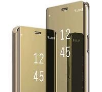 Funda para Samsung S22 Ultra Clear View Espejo Funda para Samsung Galaxy S22 Ultra Flip Case Funda de Piel Plegable Hard PC Resistente a Golpes Cover Stand Funda con Tapa Fundas 5G (dorado)