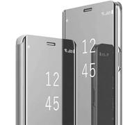 Funda para Samsung S22 Ultra Clear View Espejo Funda para Samsung Galaxy S22 Ultra Flip Case Funda de Cuero Plegable Hard PC Resistente a Golpes Cover Stand Funda con Tapa Fundas 5G (Plata)