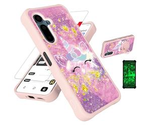 Funda para Solana Seeker compatible con Saga 2 Solana Mobile Seeker [con protector de pantalla de vidrio templado] [PC duro + silicona suave] [soporte de anillo] [purpurina dorada + luminosa] JSF-DJS