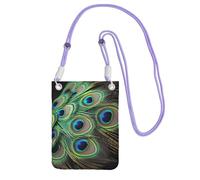 Funda para teléfono celular para mujer, bolso tipo cartera con correa de hombro morada, pluma de pavo real verde, bolsa de viaje