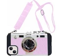 Funda para teléfono Emily in Paris compatible con iPhone 14 Pro - Cámara vintage 3D, silicona suave, resistente a los golpes, rosa, con cordón