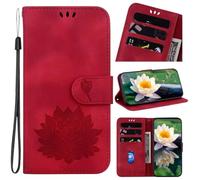 Funda para teléfono OPPO Realme C75, piel sintética de alta calidad, con estampado de loto en relieve, absorción de golpes, con función atril, tarjeteros, funda protectora magnética, color rojo