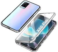 Funda para Vivo X60 Pro 5G Carcasa Adsorción Magnética Cover Metal Funda Estuche 360 Grados Protección Cubierta Transparente Vidrio Templado Case Flip Cover Caso[Protector de Lente de Cámara],Plata