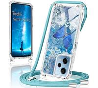 Funda para Xiaomi Redmi Note 12 Pro 5G con Cuerda,Funda de Purpurina líquida,Funda de Mariposa Azul de Material Tup de Silicona antichoque y antiarañazos de 4 Esquinas con cordón de Seguridad - Azul