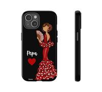Funda Personalizable de Móvil Flamenca, Rígida y Resistente, Negra para iPhone, Samsung y Google con Nuestra Flamenca Pepa con Vestido Rojo.