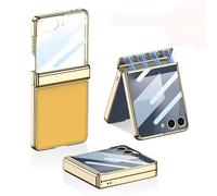 Funda Plegable De Cuero con Patrón De Lichi para Samsung Galaxy Z Flip 7, Cubierta Protectora Todo Incluido para Flip7, Película De Pantalla De Vidrio con Marco Plateado (Amarillo)