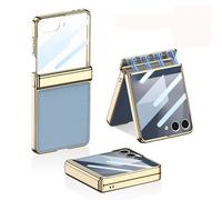 Funda Plegable De Cuero con Patrón De Lichi para Samsung Galaxy Z Flip 7, Cubierta Protectora Todo Incluido para Flip7, Película De Pantalla De Vidrio con Marco Plateado (Azul Claro)