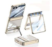 Funda Plegable Magnética Transparente para Samsung Galaxy Z Flip 7, Cubierta Protectora Todo Incluido para Flip7, Película De Pantalla De Vidrio con Marco Plateado (Oro)