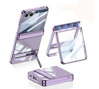 Funda Plegable Magnética Transparente para Samsung Galaxy Z Flip 7, Cubierta Protectora Todo Incluido para Flip7, Película De Pantalla De Vidrio con Marco Plateado (Morado)