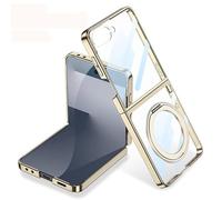 Funda Plegable Transparente con Anillo Magnético Giratorio para Samsung Galaxy Z Flip 7, Cubierta Protectora Todo Incluido para Flip7, Película De Pantalla De Vidrio con Marco Plateado (Oro)