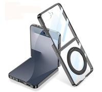 Funda Plegable Transparente con Anillo Magnético Giratorio para Samsung Galaxy Z Flip 7, Cubierta Protectora Todo Incluido para Flip7, Película De Pantalla De Vidrio con Marco Plateado (Negro()