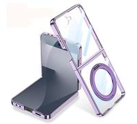 Funda Plegable Transparente con Anillo Magnético Giratorio para Samsung Galaxy Z Flip 7, Cubierta Protectora Todo Incluido para Flip7, Película De Pantalla De Vidrio con Marco Plateado (Violeta)