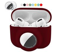 Funda protectora 2 en 1 compatible con Airpods Pro y Airtag, soporte de silicona para rastreador GPS, suave, a prueba de golpes, antiarañazos, antipérdida (rojo vino)