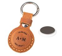 Funda protectora de piel grabada personalizada para Airtag con llavero para niños, mascotas, equipaje, mochila, accesorios para buscadores de artículos, rastreador GPS (marrón)