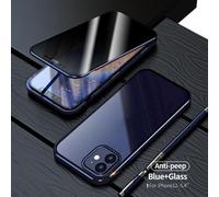 Funda protectora integral anti-espías compatible con iPhone, cristal templado transparente, parachoques metálico, cubierta de privacidad, azul,