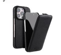 Funda protectora MELKCO compatible con iPhone 16 de piel de vaca auténtica y policarbonato, con tapa abatible vertical y textura de lich