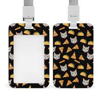 Funda protectora para credencial de identificación con diseño divertido de gato, taco y pizza, estuche rígido de plástico con cordón y portatarjetas de identificación para trabajadores de oficina.