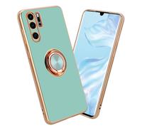 Cadorabo Estuche Compatible con Huawei P30 Pro en Glossy Turquesa - Oro con Anillo - Funda Protectora Fabricada en Silicona TPU Flexible, protección de cámara, Soporte magnético para el Coche