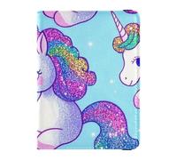 Funda protectora para pasaporte de piel con purpurina falsa, diseño de unicornios de dibujos animados, color azul, Unicornios de dibujos animados con purpurina falsa, 1 size