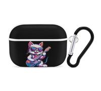 Funda protectora rígida con llavero para auriculares Bluetooth con diseño de gato rock tocando la guitarra, compatible con Airpods Pro