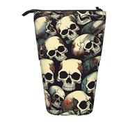 Funda retráctil vertical con estampado de calavera y esqueleto, apto para bolígrafos, cosméticos y pequeños elementos esenciales, uso diario