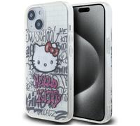 Funda rígida para iPhone 15 Hello Kitty con estampado de grafiti de Kitty sobre ladrillos, color blanco.