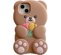 Funda SGVAHY para iPhone 6/6s/7/8/SE2/SE3, linda funda de goma de silicona marrón suave con diseño de oso de dibujos animados 3D con flores, protector de goma con borde a prueba de golpes para niños y