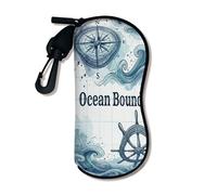Funda suave náutica para gafas de sol con diseño de brújula inspirada en el océano con cierre de cremallera, almacenamiento portátil Trav, Azul, 3x7 Inch