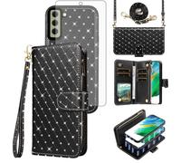 Funda tipo cartera compatible con Samsung Galaxy S21 FE 5G, cierre de cremallera y protector de pantalla, correa cruzada, tarjetero, funda para teléfono móvil S 21 EF S21FE5G UW S21FE 21S G5 de 6.4