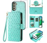 Funda tipo cartera compatible con Samsung Galaxy S21 FE 5G, cierre de cremallera y protector de pantalla, correa cruzada, tarjetero, funda para teléfono S 21 EF S21FE5G UW S21FE 21S G5 de 6.4 pulgadas