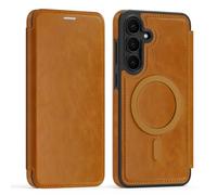 Funda tipo cartera de piel sintética con bloqueo RFID, tapa magnética, compatible con Samsung Galaxy S24 FE, ranura para tarjetas, a prueba de golpes, para mujeres y hombres (marrón)