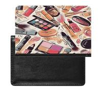Funda tipo cartera de piel sintética con patrón de cosméticos y maquillaje para pasaporte, libro de pasaporte, tarjetero, imprescindible para viajes