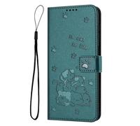 Funda tipo cartera para Motorola Moto G35 5G con soporte protector para tarjetas, tapa tipo libro con diseño de flores de gato en relieve, a prueba de golpes, color verde oscuro